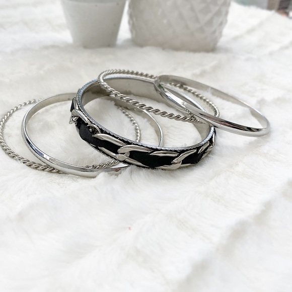 Silver Bangle Stackable Bracelet Set - Picture 2 of 4